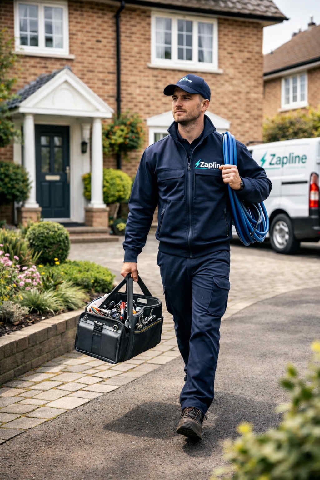 Zapline tradesperson arriving at a Northamptonshire home with tools